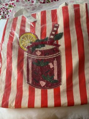 Anthropologie Red and Cream Striped Beaded Cocktail Tote